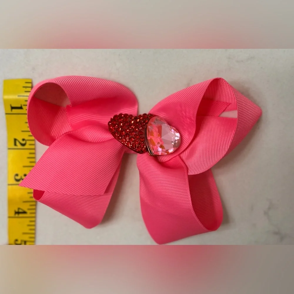 Large Girls Pink Valentine Heart Bow w Double Heart Crystal Brooch Center. NEW